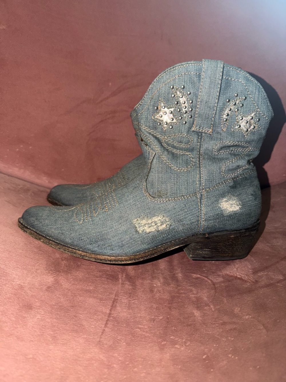Zigi Soho Denim Blue Western Ankle Boots with Studded Star Detail
